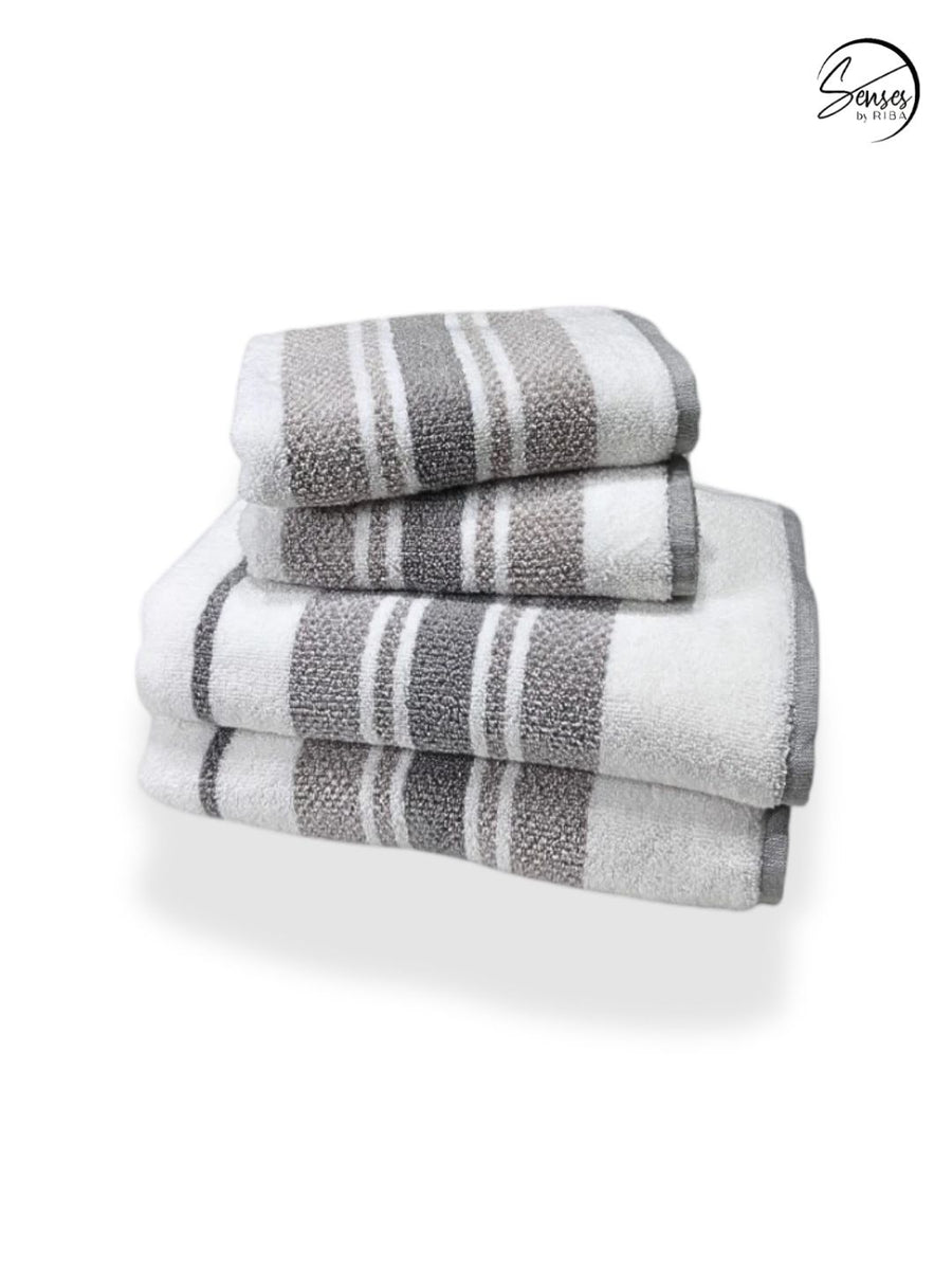 500 GSM 4 Piece Yarn Dyed Zero Twist Towels Set - Stripes (Grey