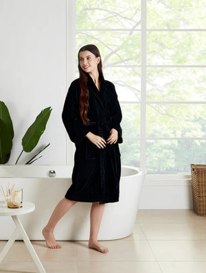 Plush Terry Cotton Unisex Bath Robe (Black)