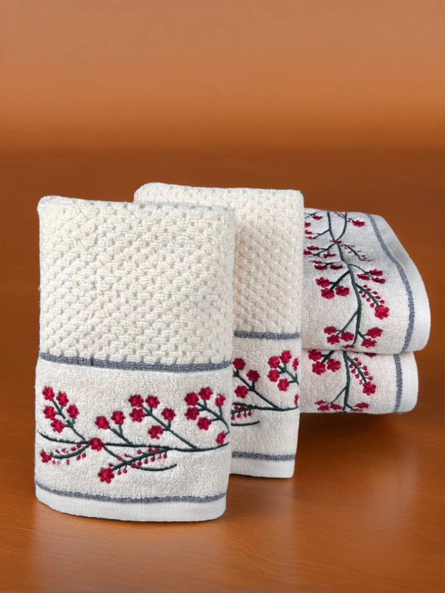 4 Piece Embroidery Towel Set - Flowers Stitched In A Vibrant Red Hue (Style 14)