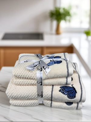 4 Piece Embroidery Towel Set - Butterfly Motif (Style 11)