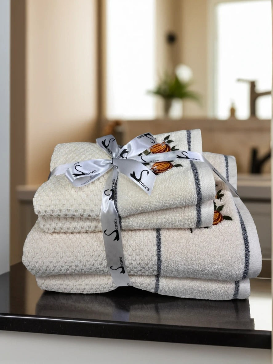 4 Piece Embroidery Towel Set - Oranges Hanging From Leafy Branches (Style 15)