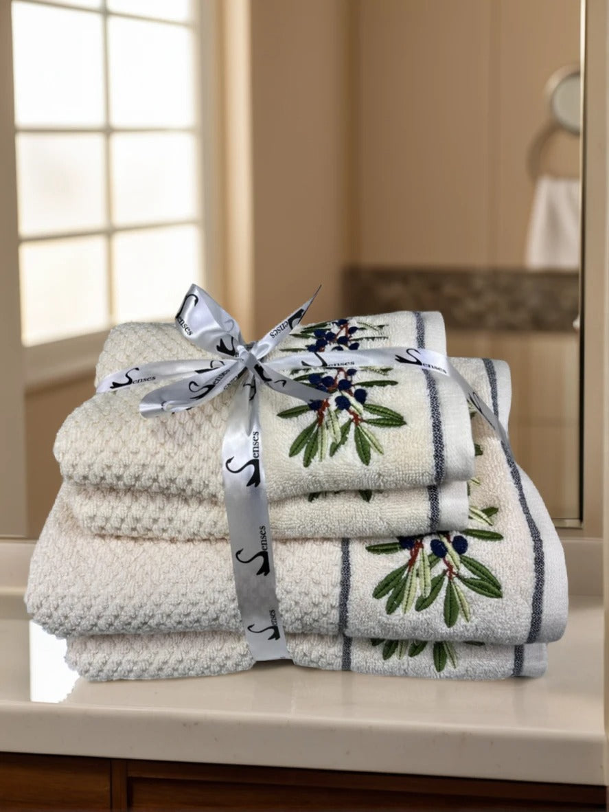 4 Piece Embroidery Towel Set - Botanical Design (Style 17)