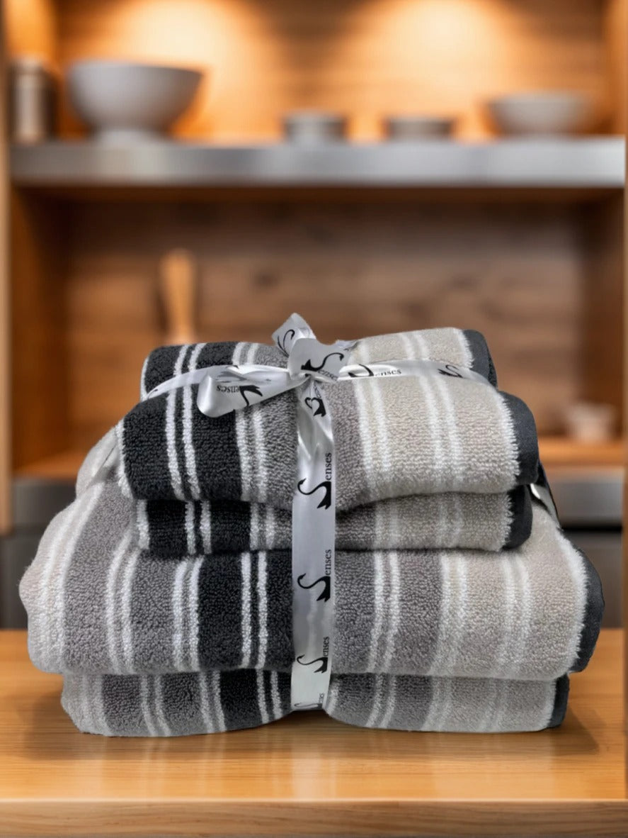 500 GSM 4 Piece Yarn Dyed Zero Twist Towels Set - Stripes  (Graphite, Grey, Silver Grey)