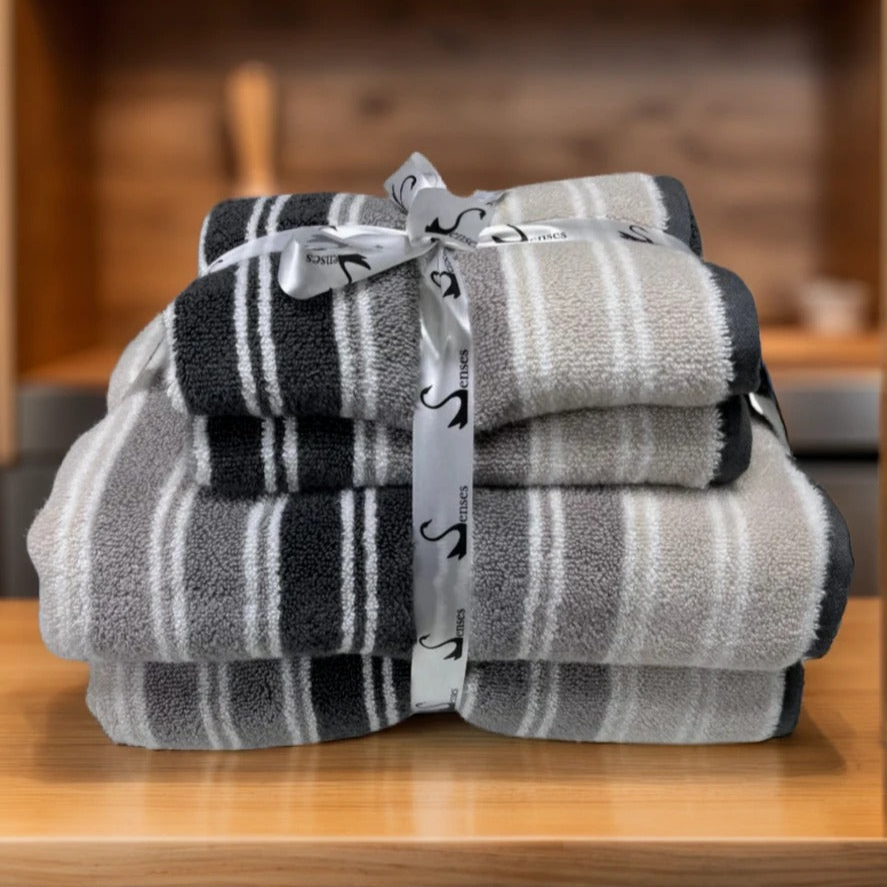 500 GSM 4 Piece Yarn Dyed Zero Twist Towels Set - Stripes  (Graphite, Grey, Silver Grey)