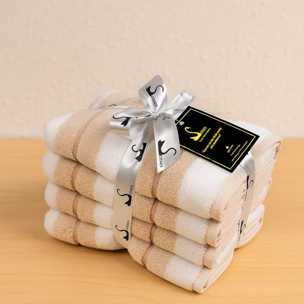 500 GSM 4 Piece Hand Towels Set - Striped (Wheat colour)