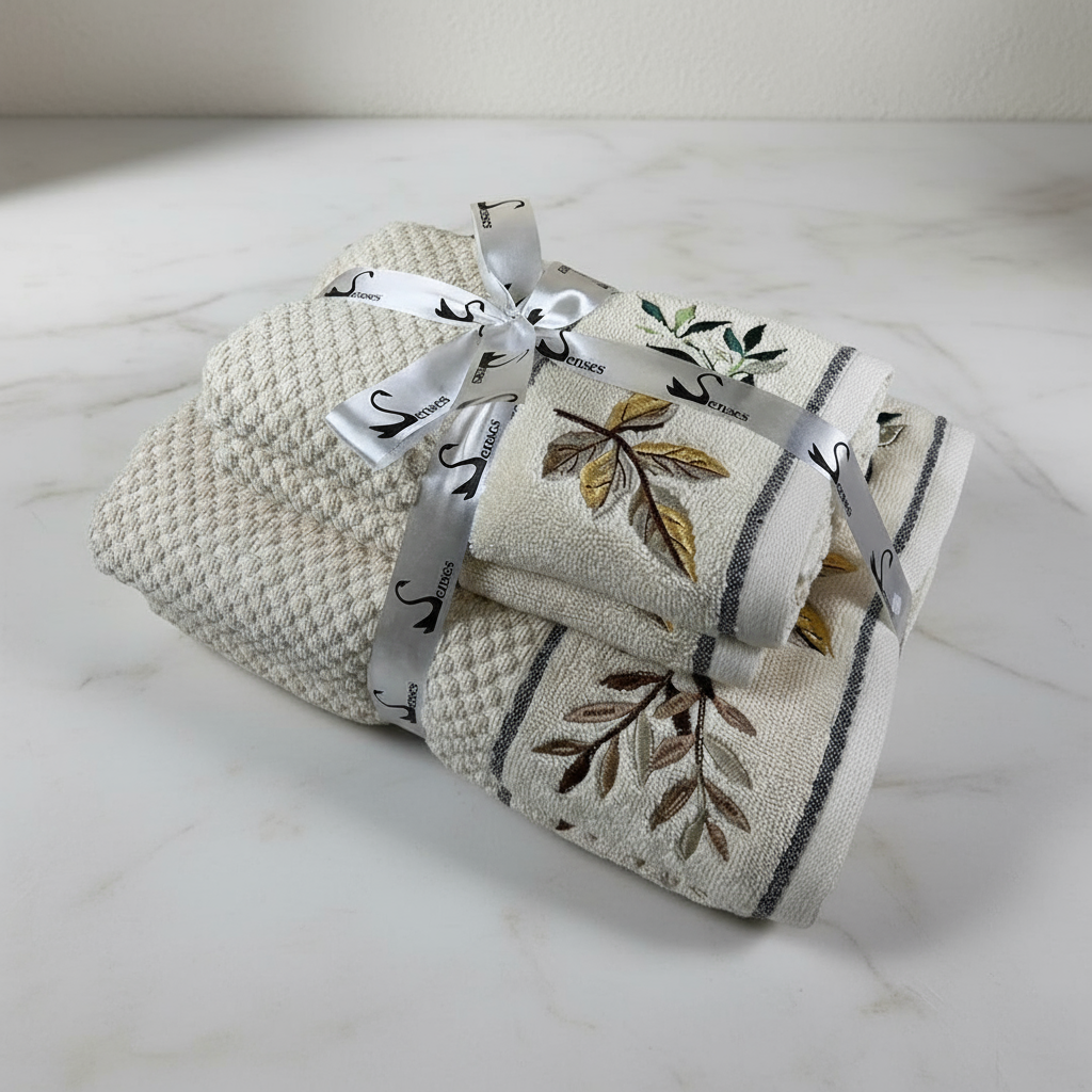 4 Piece Golden Leaf Embroidery Towel Set-Style 3
