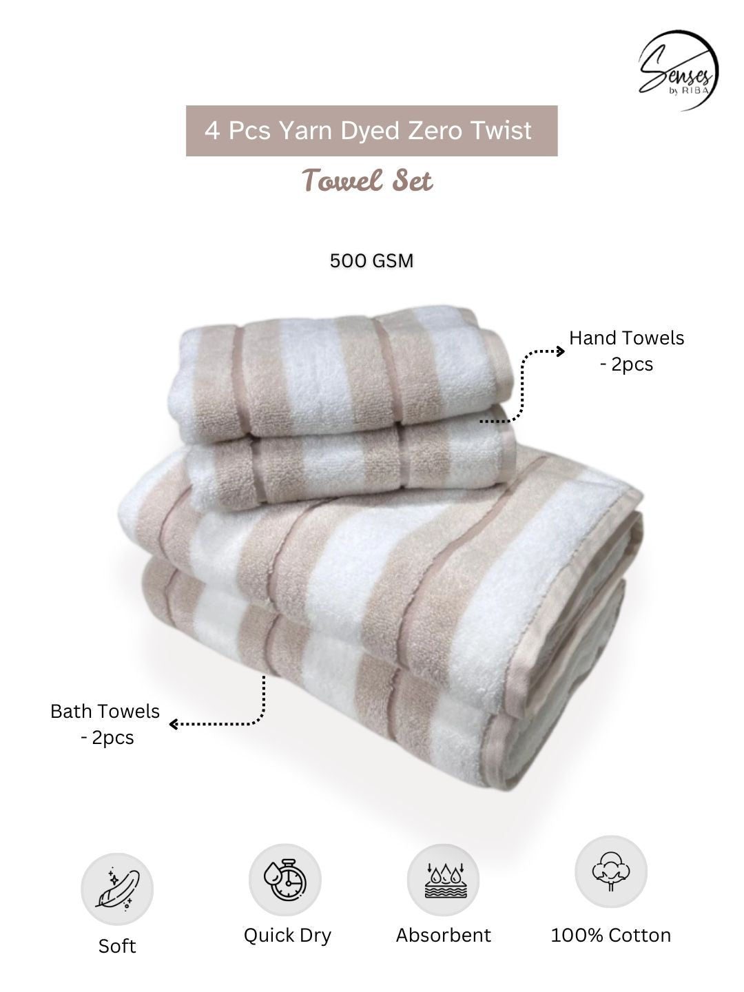 500 GSM 4 Piece Yarn Dyed Zero Twist Towels Set - Stripes  (Wheat)