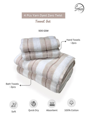 500 GSM 4 Piece Yarn Dyed Zero Twist Towels Set - Stripes  (Wheat)