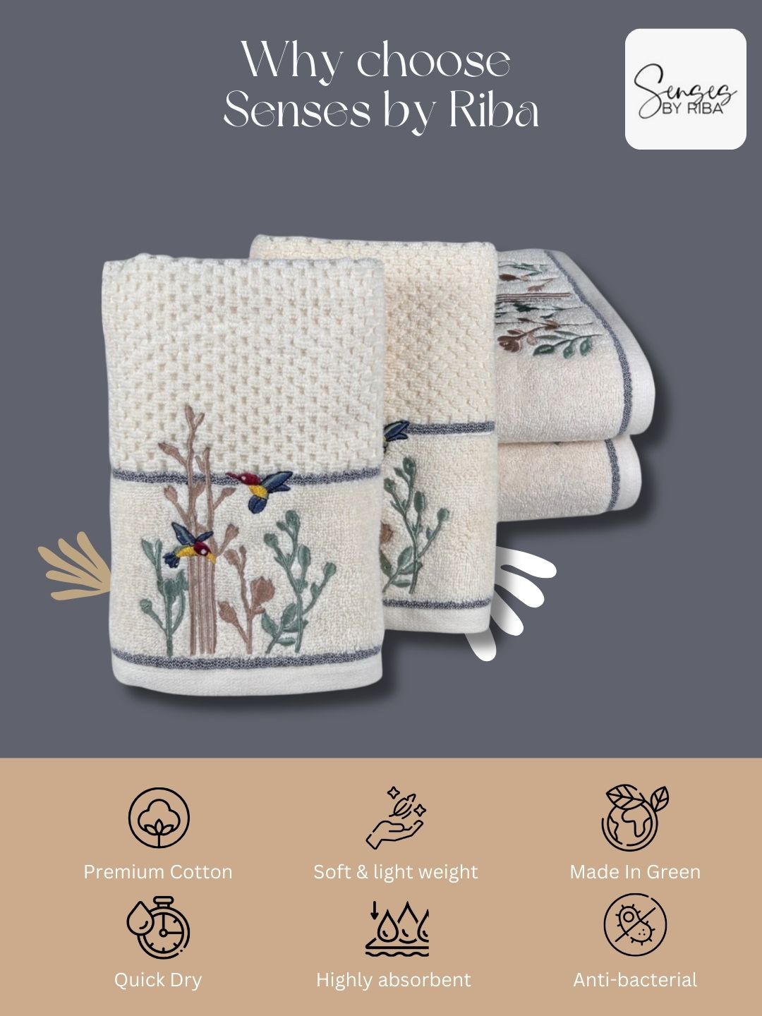 4 Piece Embroidery Towel Set - Nature-inspired Motif with Colorful Hummingbirds (Style 13)