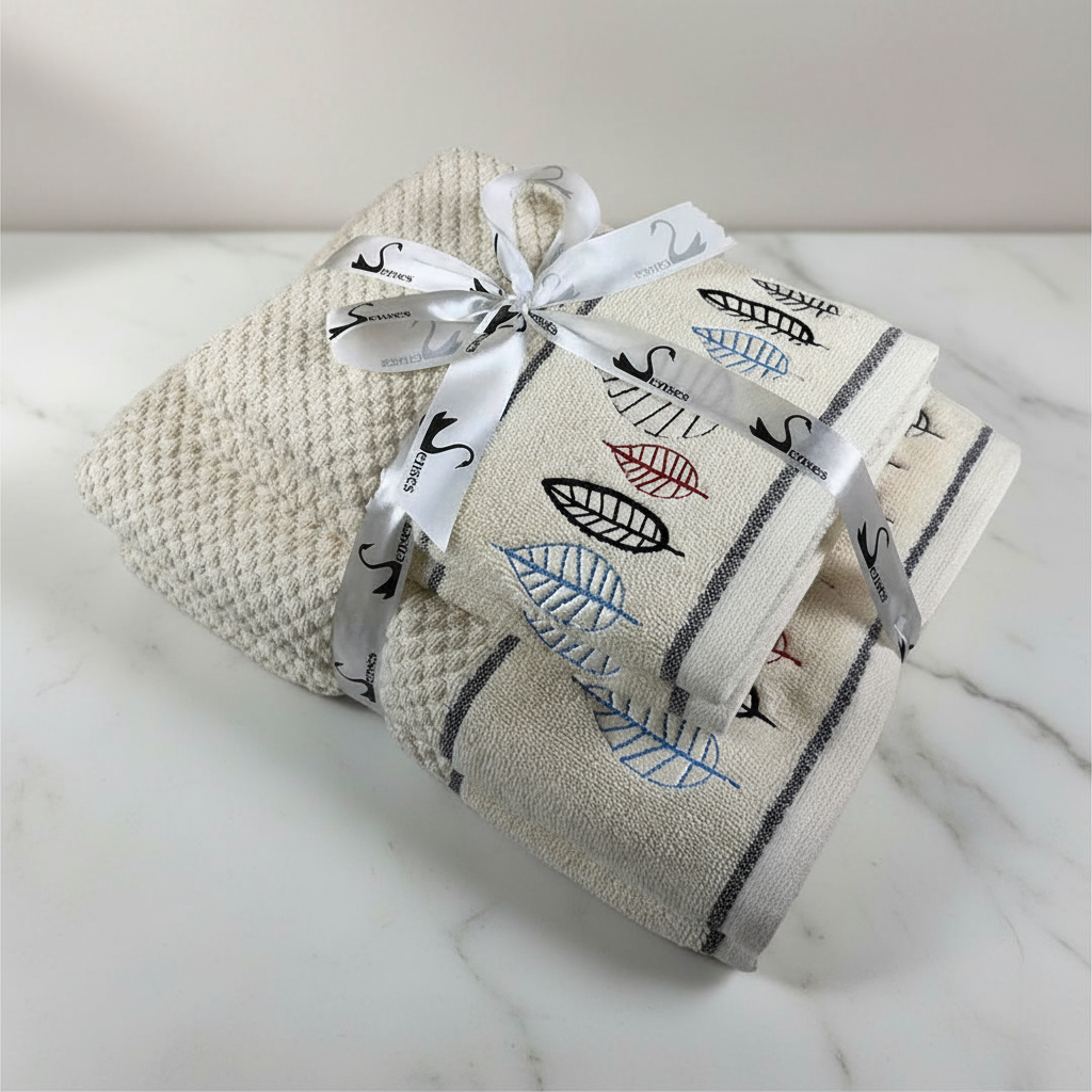 4 Piece Abstract Leaf Embroidery Towel Set-Style 2