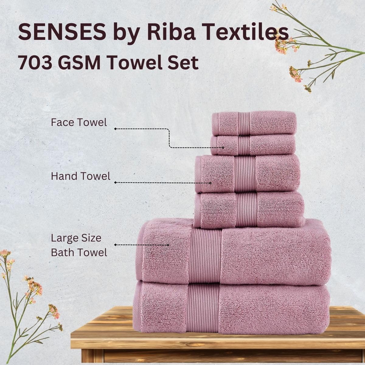 703 GSM 6 Piece Towels Set - Mauve
