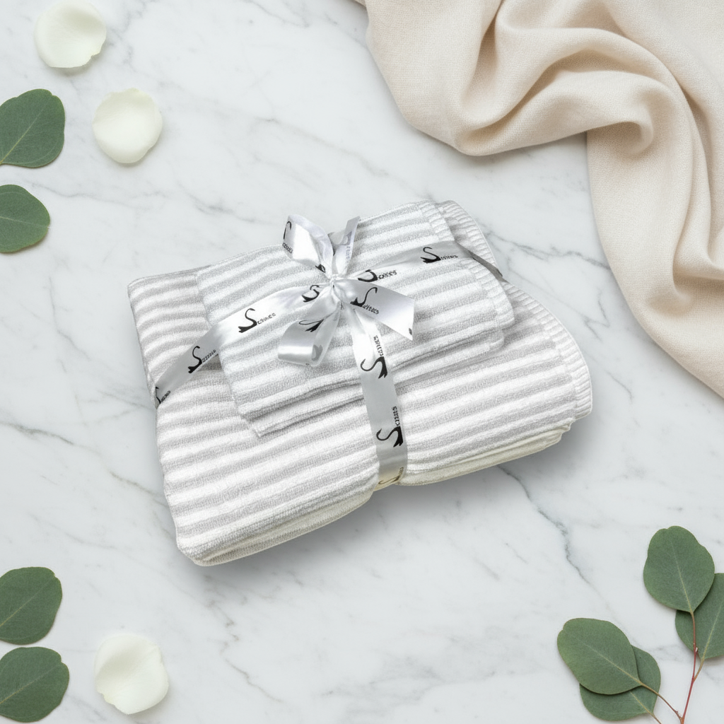 Ribbed Terry Stripe 4 Piece Towel Set (Silver)