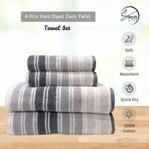 500 GSM 4 Piece Yarn Dyed Zero Twist Towels Set - Stripes  (Graphite, Grey, Silver Grey)