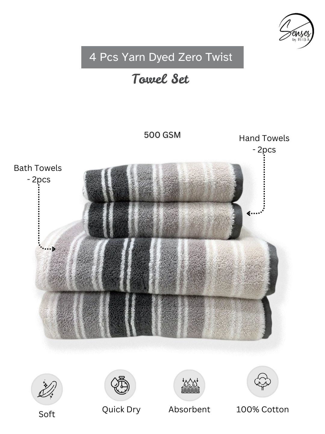 500 GSM 4 Piece Yarn Dyed Zero Twist Towels Set - Stripes  (Graphite, Grey, Silver Grey)