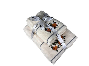 4 Piece Embroidery Towel Set - Oranges Hanging From Leafy Branches (Style 15)