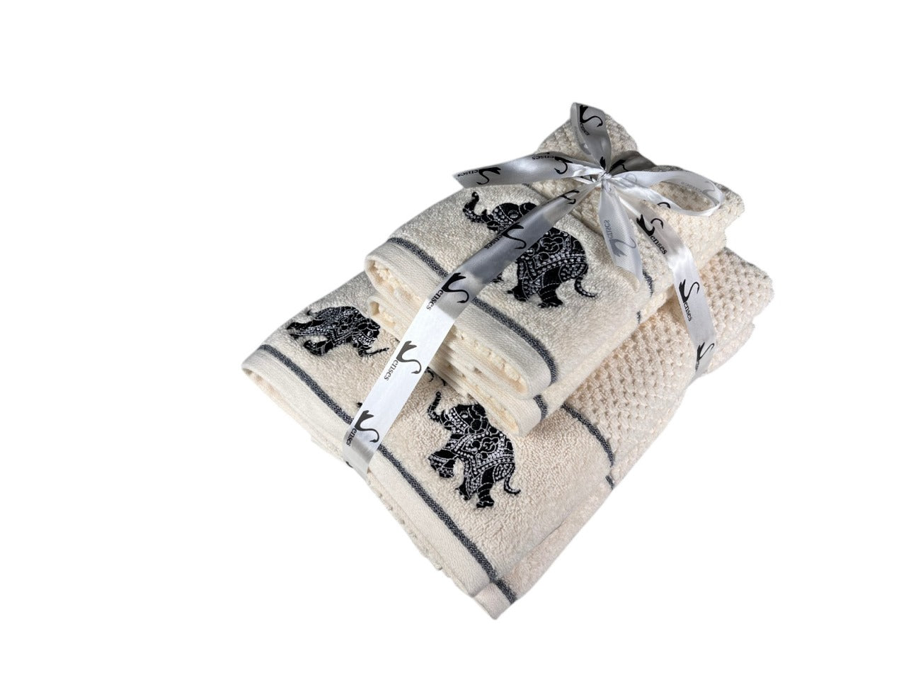 4 Piece Embroidery Towel Set - Elephant Motif (Style 16)