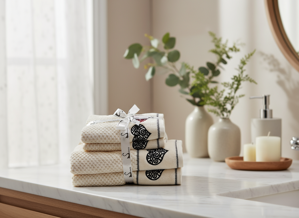4 Piece Heart Embroidery Towel Set