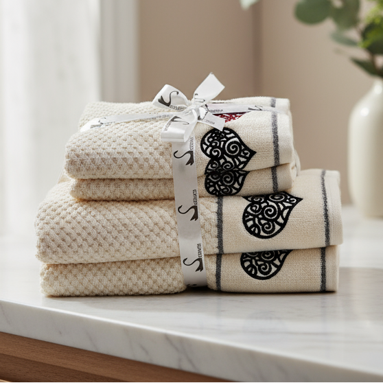 4 Piece Heart Embroidery Towel Set