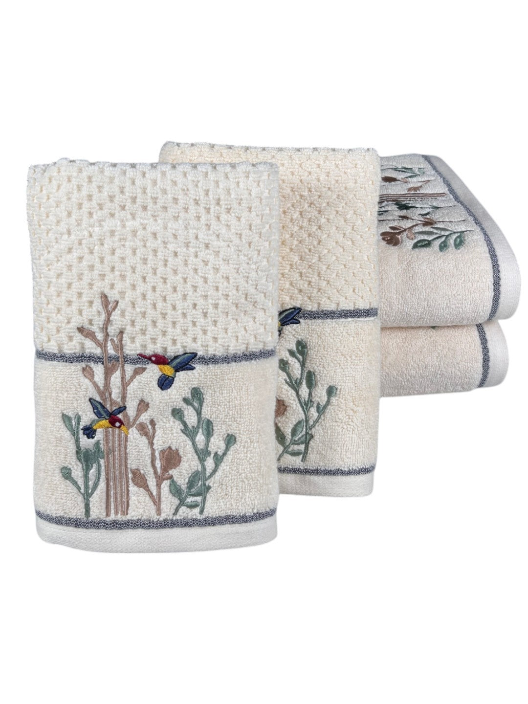 4 Piece Embroidery Towel Set - Nature-inspired Motif with Colorful Hummingbirds (Style 13)