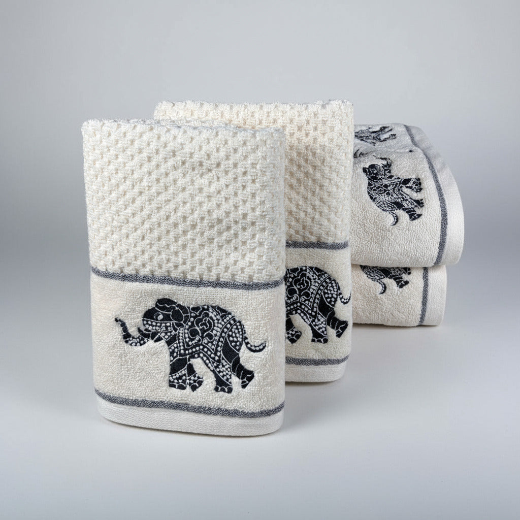 4 Piece Embroidery Towel Set - Elephant Motif (Style 16)