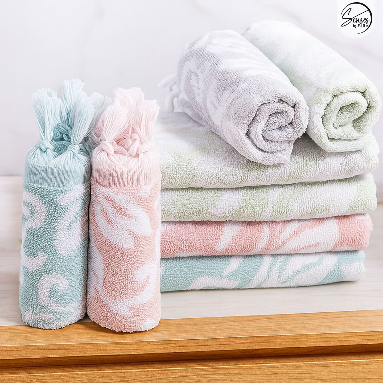 SENSES by Riba Floral 100% Cotton Yarn Dyed Jacquard Guest & Hand Towel Set | 550 GSM Zero Twist Terry Towels | Soft, Super Absorbent, Quick Dry | Pack of 8 Multicolor Towels