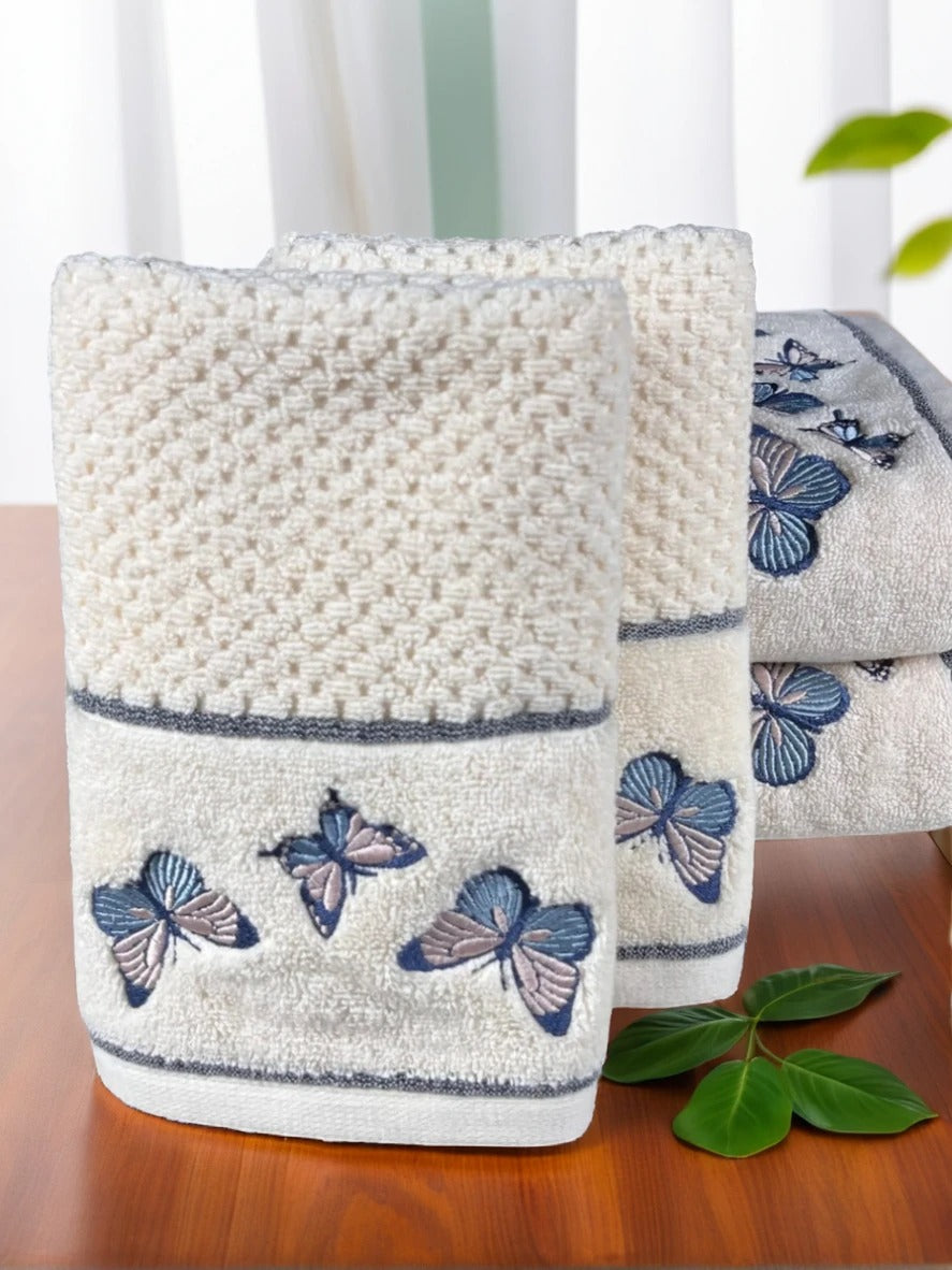 4 Piece Embroidery Towel Set - Butterfly Motif (Style 12)