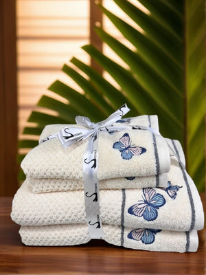 4 Piece Embroidery Towel Set - Butterfly Motif (Style 12)