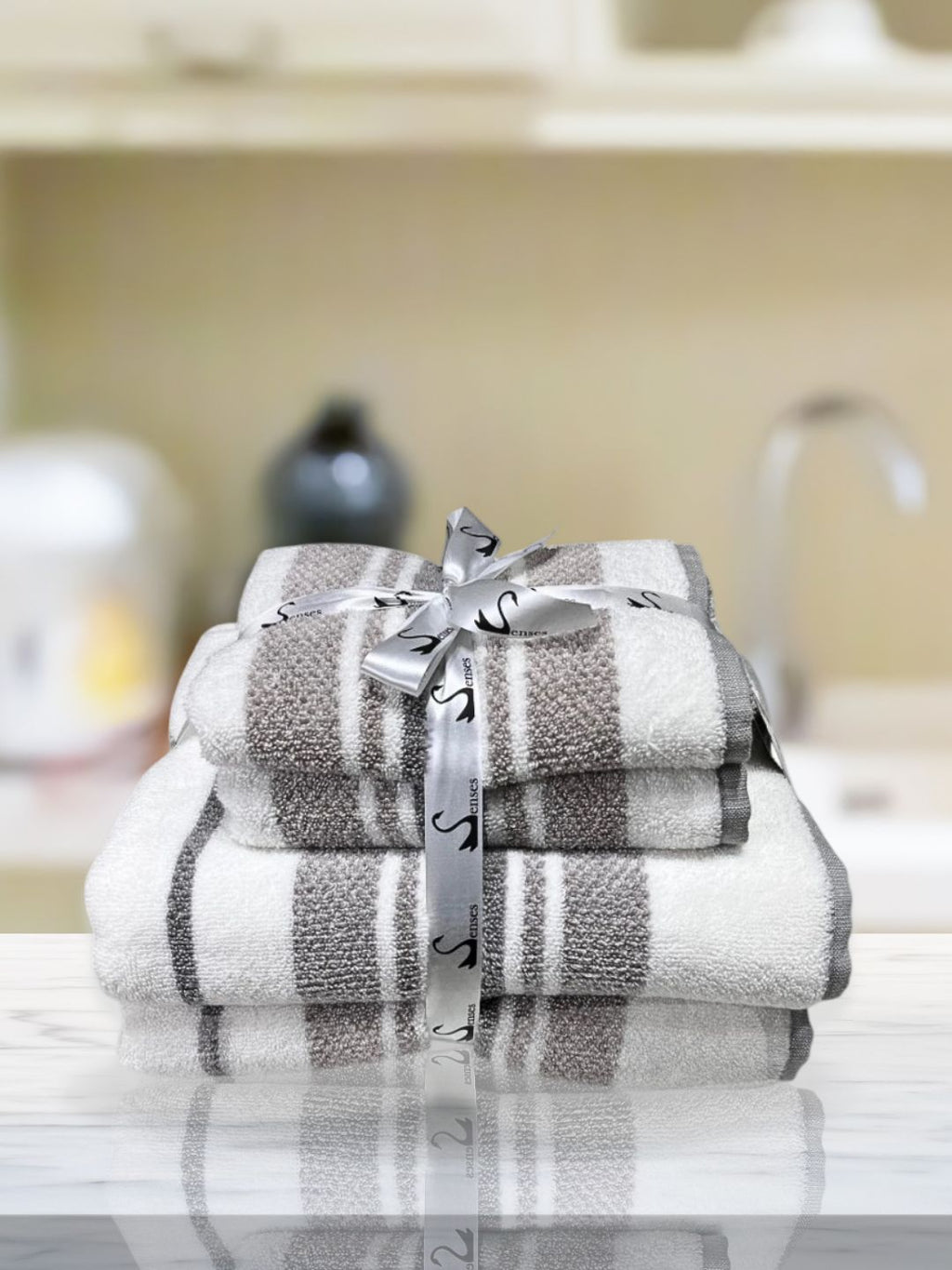 500 GSM 4 Piece Yarn Dyed Zero Twist Towels Set - Stripes  (Grey, Pebble, Silver Grey)