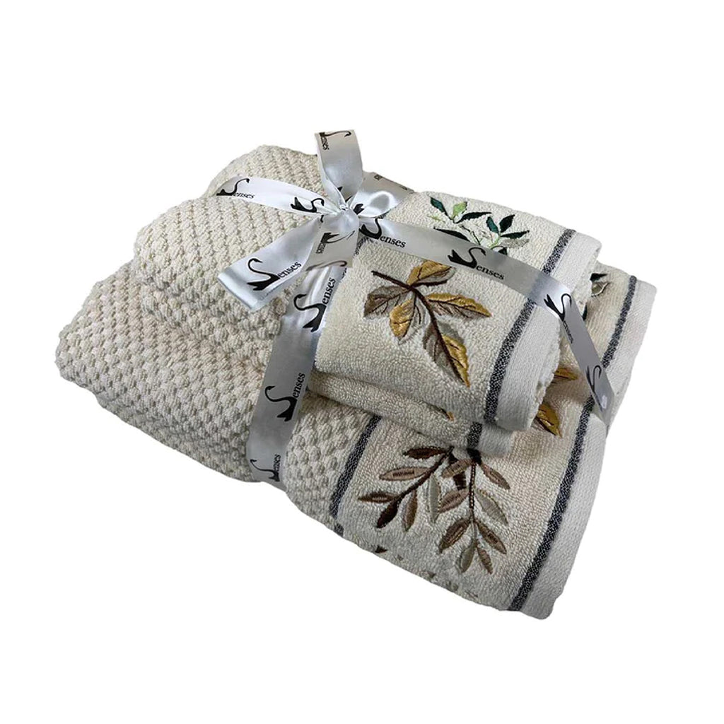 4 Piece Golden Leaf Embroidery Towel Set-Style 3