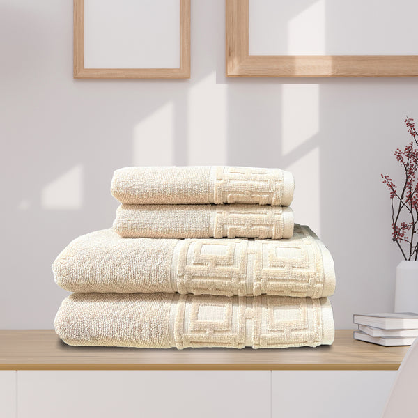 4 Piece Towels Set with Sheared Border (Beige)