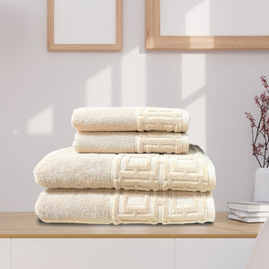 4 Piece Towels Set with Sheared Border Beige Senses by Riba