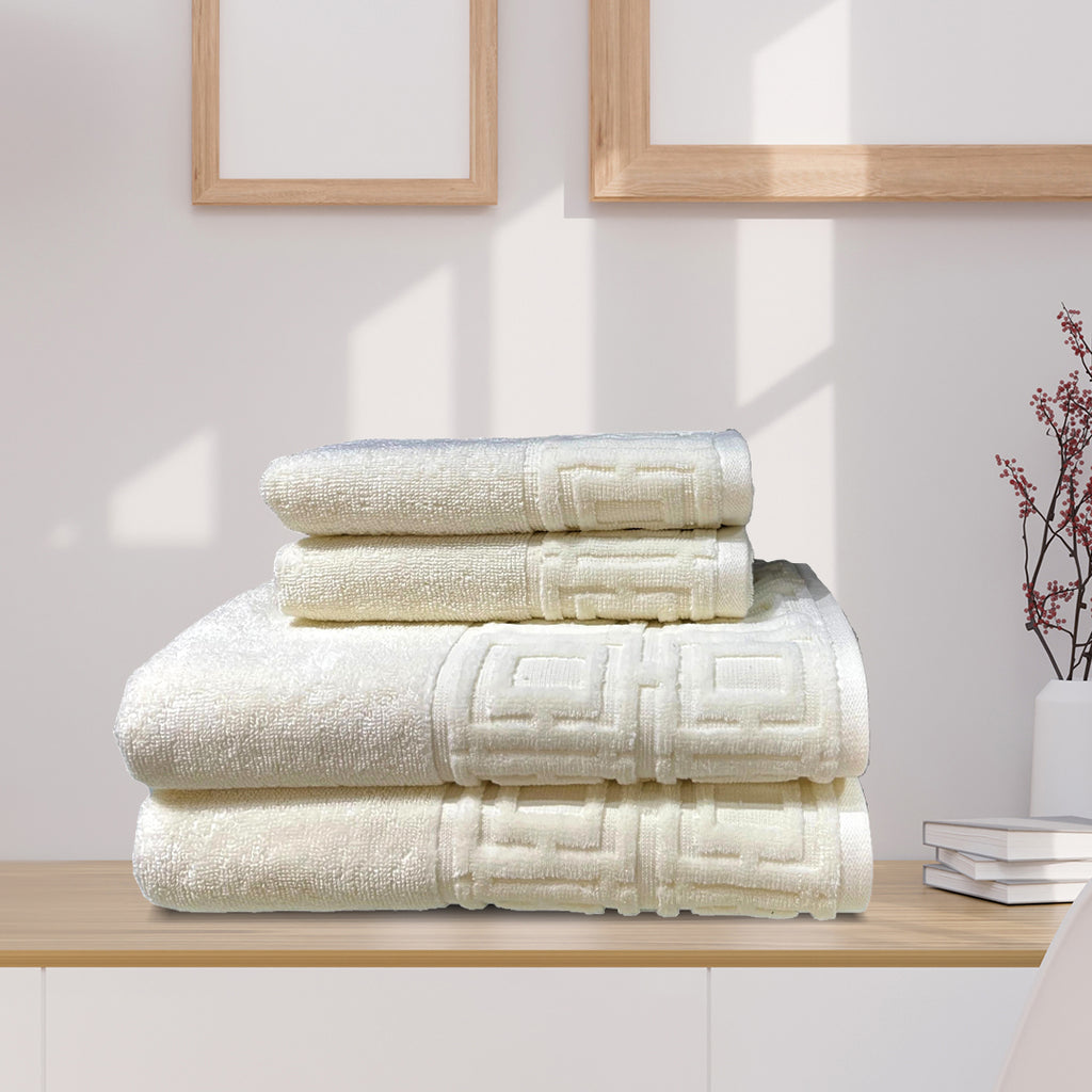 4 Piece Towels Set with Sheared Border (Ivory)