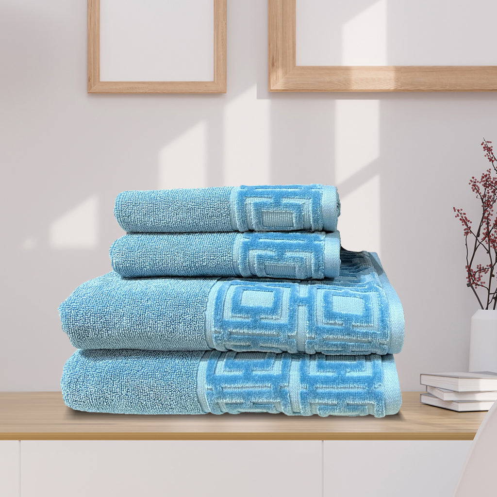 4 Piece Towels Set with Sheared Border (Light Blue)