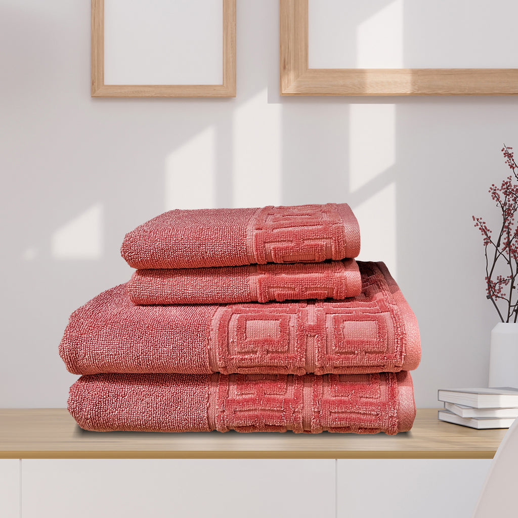 4 Piece Towels Set with Sheared Border (Mauve)